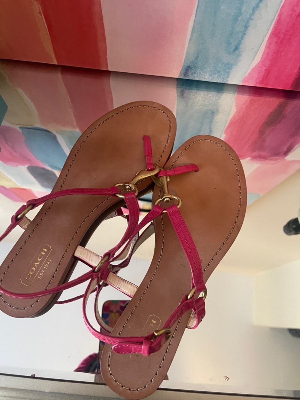Coach Hot Pink Leather T-Strap Sandals with Gold Hardware - Picture 3 of 5